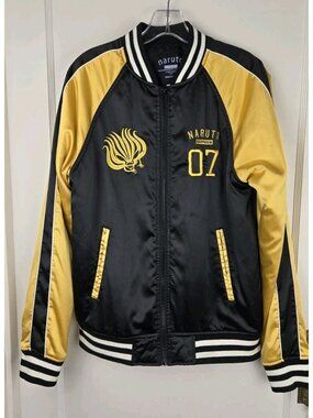 Naruto Shippuden Satin Bomber Varsity Jacket Zip Black Yellow Gold Unisex Size S